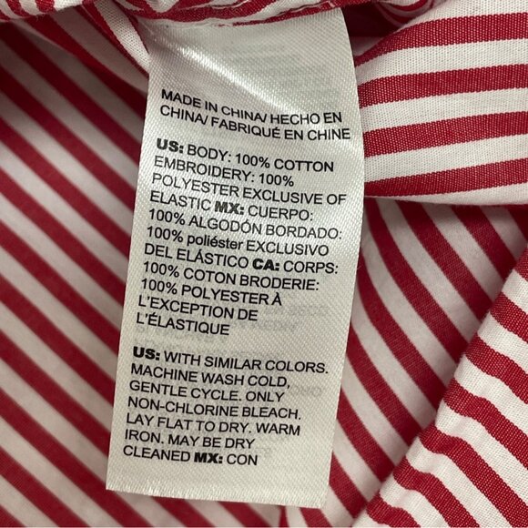 Chicos Red & White Striped Button-Up Shirt W/ Floral Lace Sleeves Size 12 - Picture 7 of 8